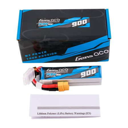 Gens Ace 900mAh 14.8V 80C 4S1P Lipo Battery Pack with XT60 plug