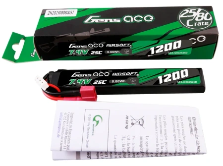 Gens ace 25C 1200mAh 2S1P 7.4V Airsoft Gun Lipo Battery with T Plug
