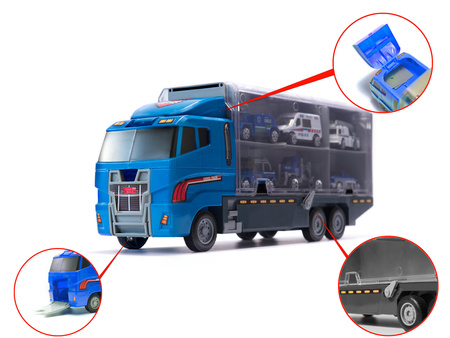 Transporter ciężarówka tir wyrzutnia + metalowe auta policja