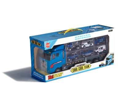 Transporter ciężarówka tir wyrzutnia + metalowe auta policja